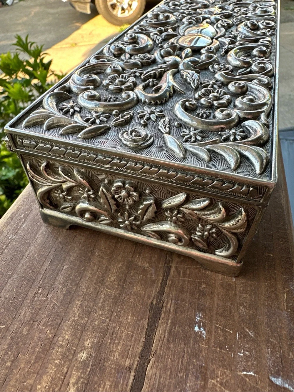 Godinger Silver Plated Ornate Floral Jewelry Box Integrated Mirror Velvet Lined